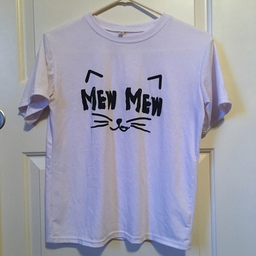 white “mew mew” cat shirt